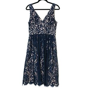 ELIZA J Floral Lace Illusion Dress Size 8 Navy Blue Sleeveless Cocktail Party
